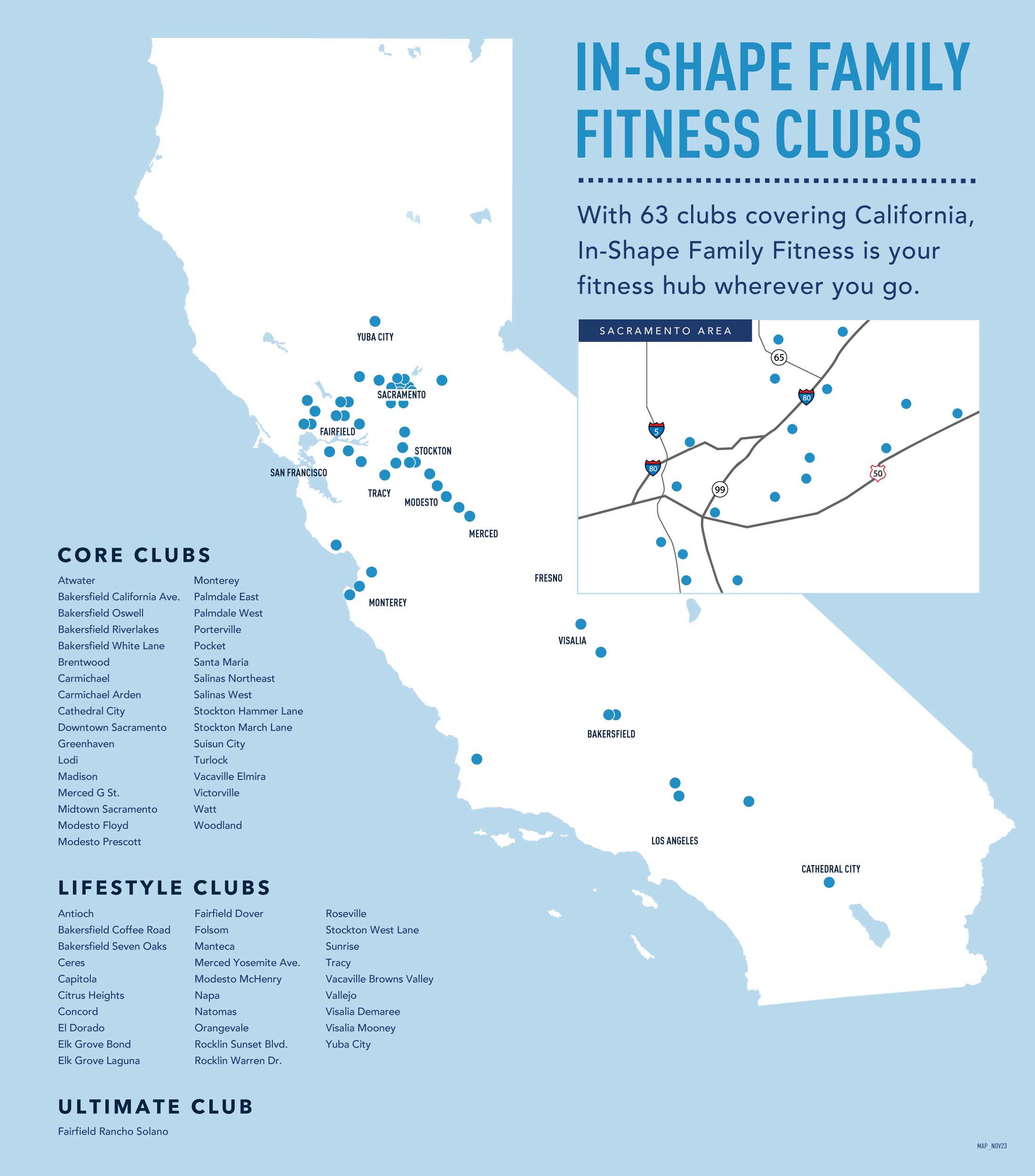 Map of 63 In-Shape Family Fitness clubs in California